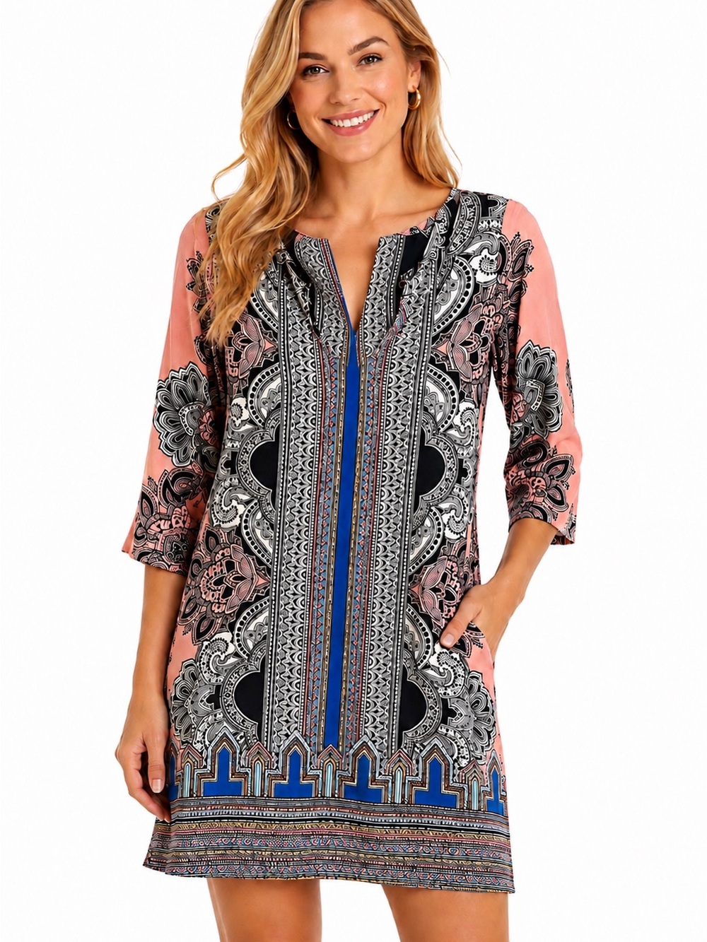 glam Pink and Blue Paisley-Trim Tunic